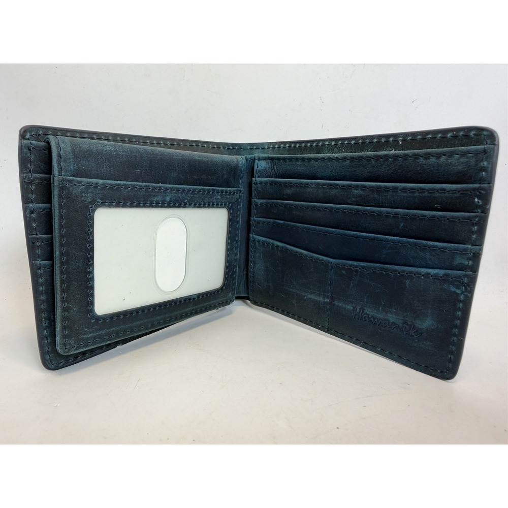 Hawanik‎ Leather Wallet Blue Bifold Men's Card Holder ID Window